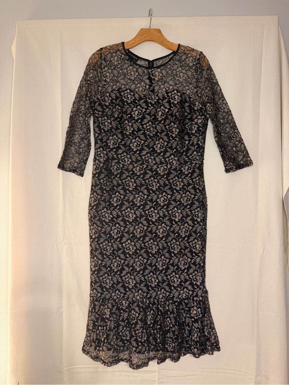 Black Fitted Sheath Dress with Gold and Black Floral Lace Overlay-Wedding Guest